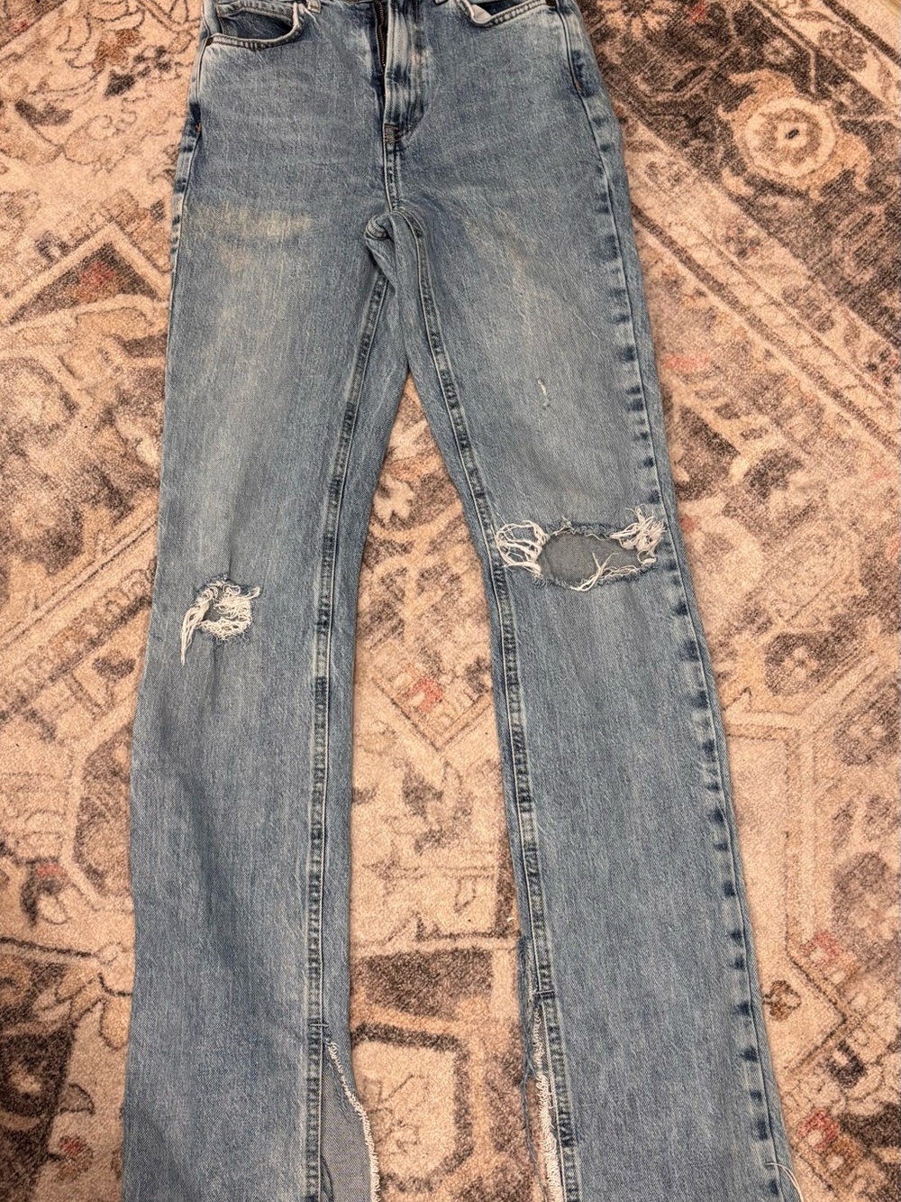 Zara Light Blue Distressed Flare Jeans